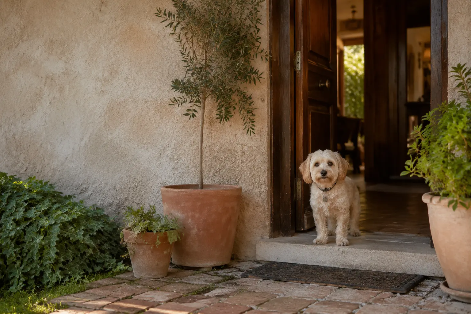 A little dog waiting in the doorway of a warm country home