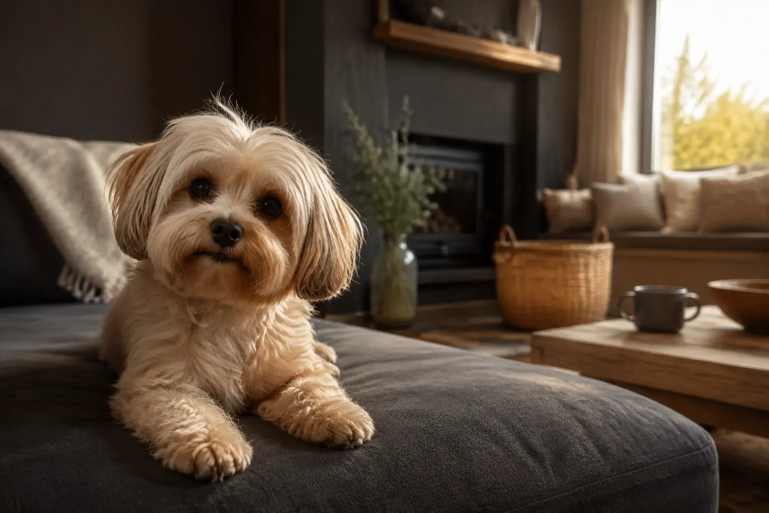 Happy little dog relaxing in a warm home