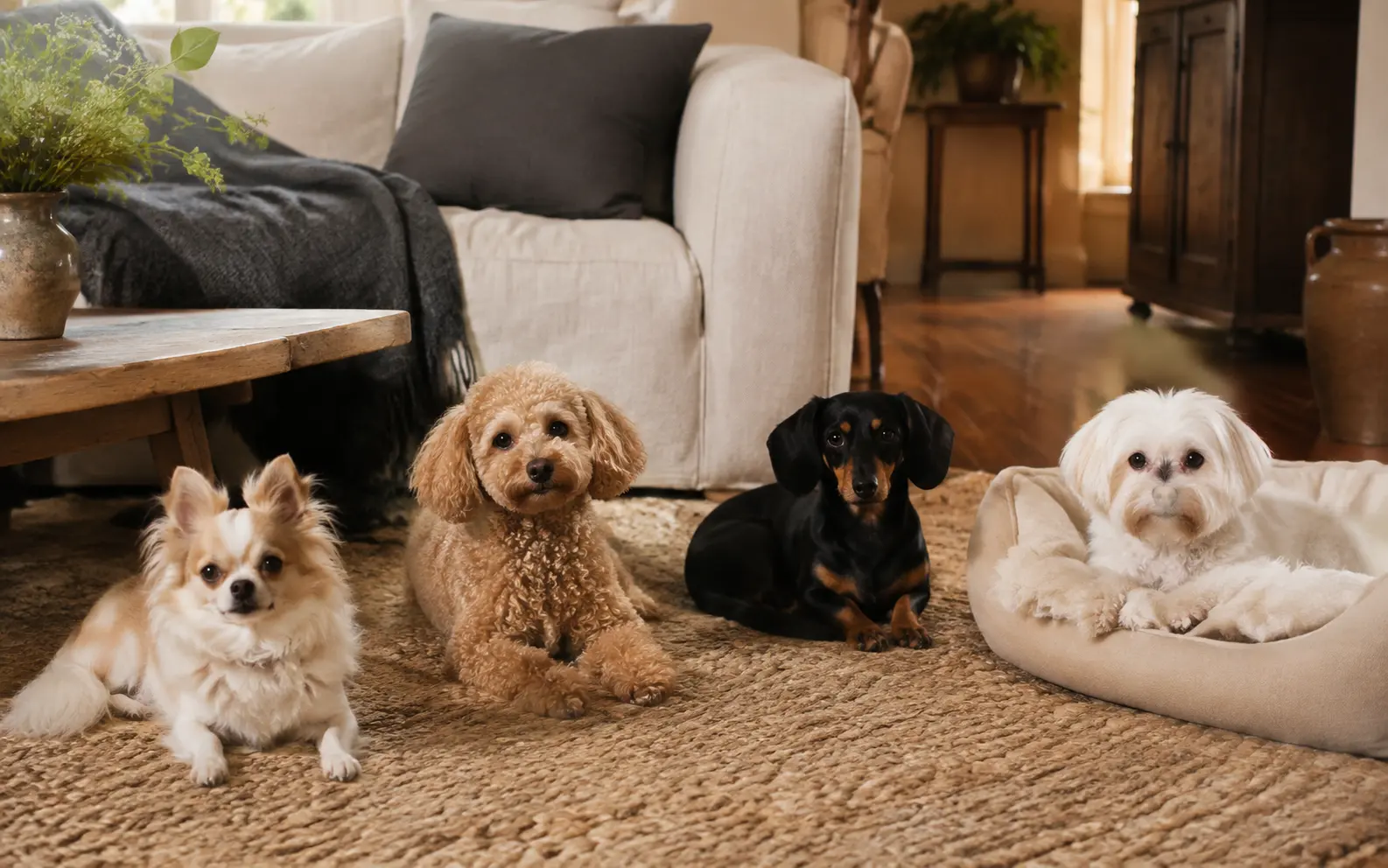 Four little dogs relaxing together in a calm home lounge